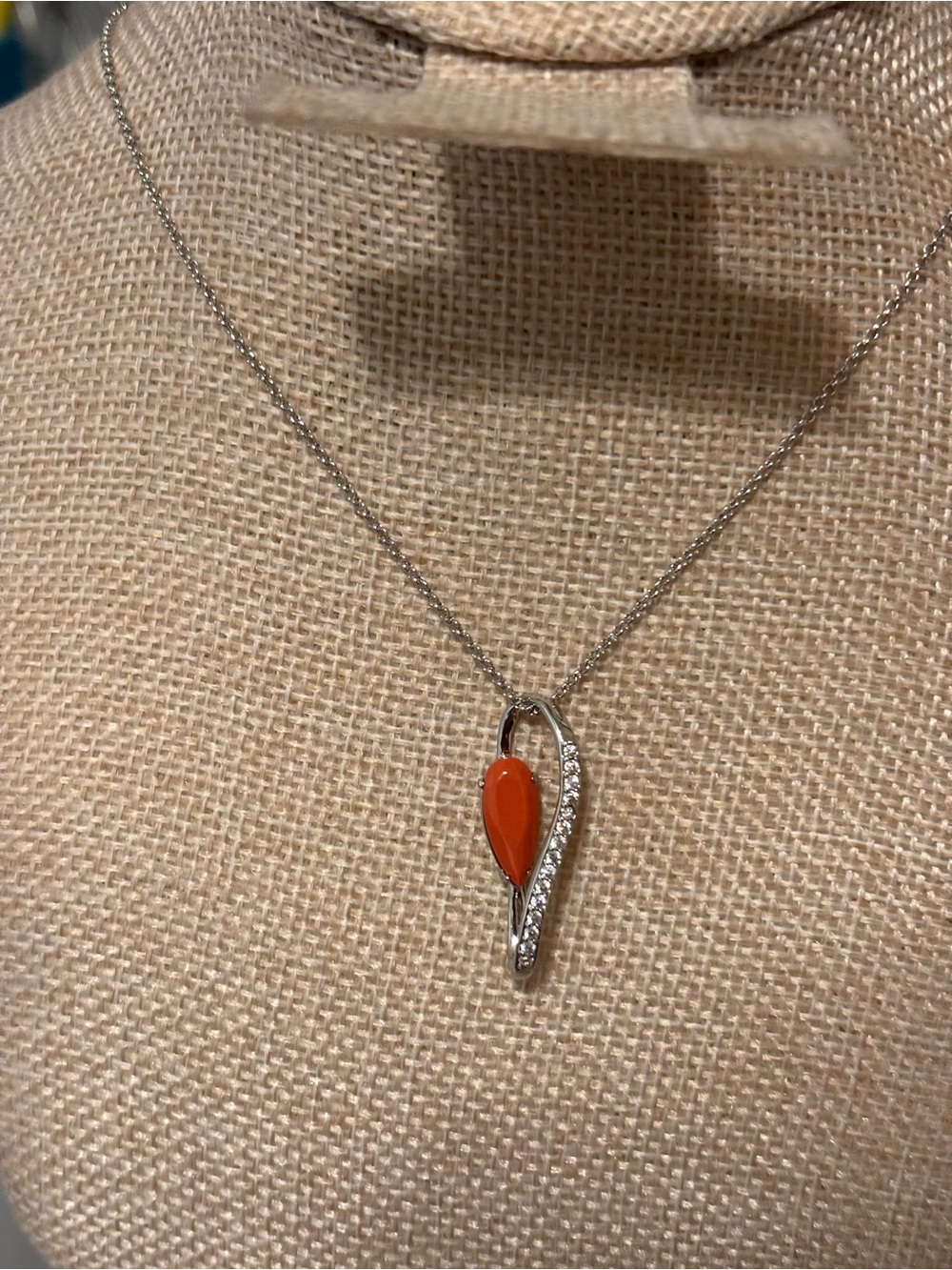 Silver Teardrop Pendant Necklace with Orange Stone